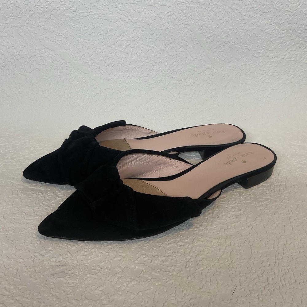 Size 10M Kate Spade New York Faryn Black Womens Suede Ruffle Bow Flat Mules - Picture 7 of 10